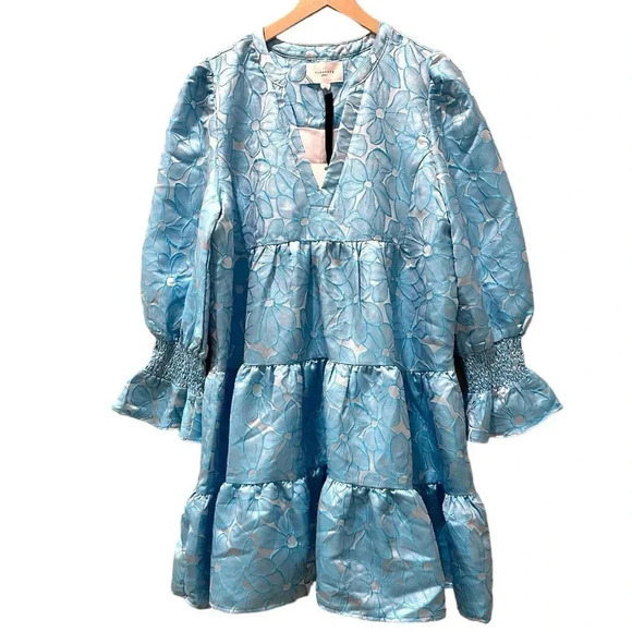 New Tuckernuck Pomander Place Blue Daisy Jacquard Kenzo Long Sleeve Mini Dress - Picture 3 of 14